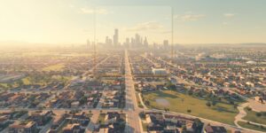 Texas city expansion illustrating how zoning laws influence neighborhood growth, showing downtown skyline, suburban homes, streets, and planned districts.