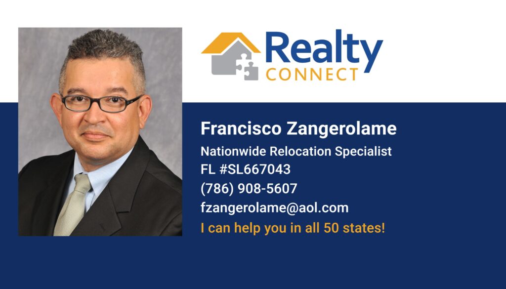 Francisco Zangerolame real estate referral agent business card affiliated with Realty Connect