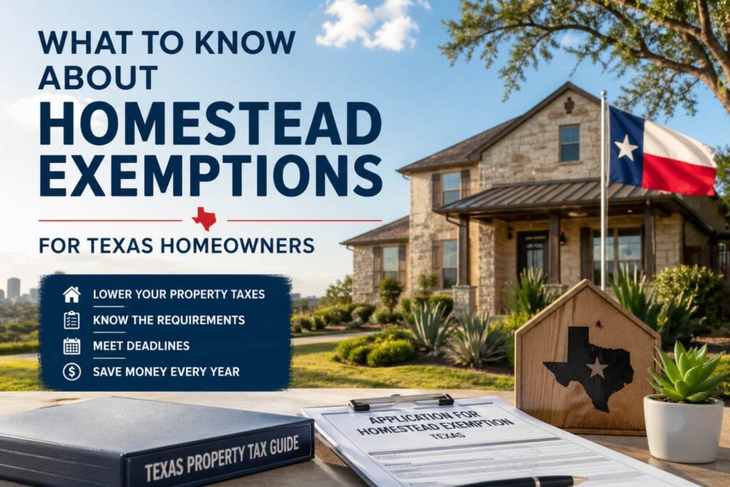 Hero image showing a Texas suburban home with Texas flag, homestead exemption paperwork, and text about homestead exemptions for Texas homeowners, property tax savings, requirements, deadlines, and annual tax relief.