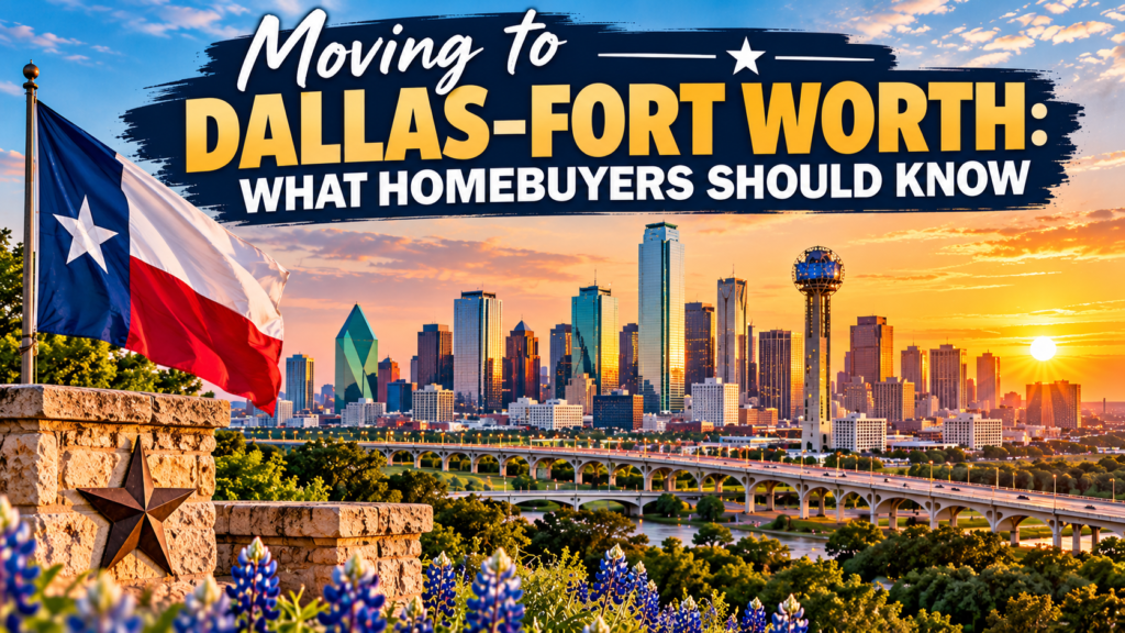“Dallas–Fort Worth skyline at sunset with a Texas flag and the title ‘Moving to Dallas–Fort Worth: What Homebuyers Should Know.’”