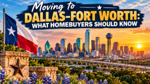 “Dallas–Fort Worth skyline at sunset with a Texas flag and the title ‘Moving to Dallas–Fort Worth: What Homebuyers Should Know.’”