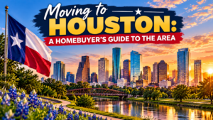 “Houston skyline at sunset with a Texas flag, waterfront scenery, and the title ‘Moving to Houston: A Homebuyer’s Guide to the Area.’”
